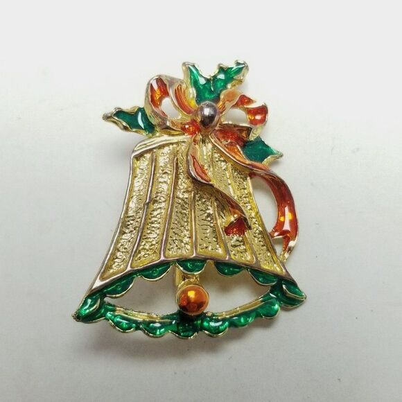 Vintage Christmas Bell Holiday Brooch, Gold Tone Enamel Lapel Pin, Retro Estate - Picture 5 of 6